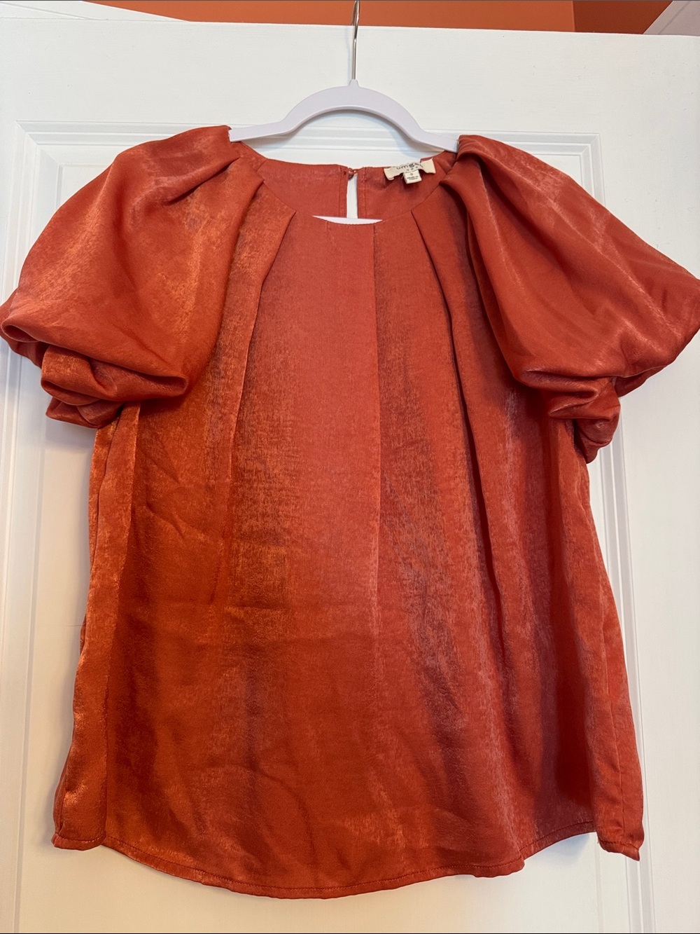 Satin Puff-Sleeve Blouse in Burnt Orange